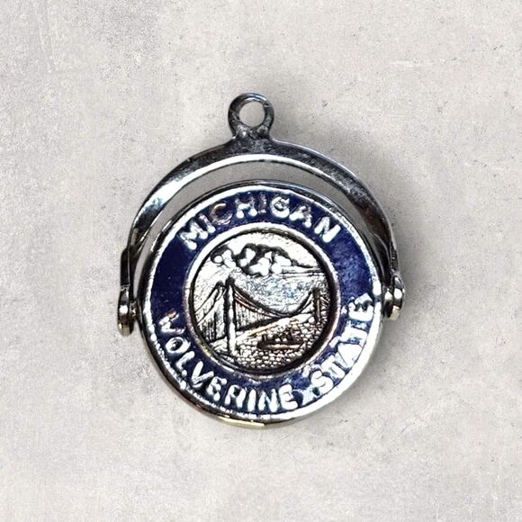 Vintage Sterling Silver Enamel Michigan Wolverine State Spinner Travel Charm - Picture 2 of 6